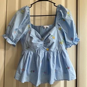 EMBROIDERED SWEETHEART-NECK PEPLUM TOP - ENGLISH FACTORY - BLUE